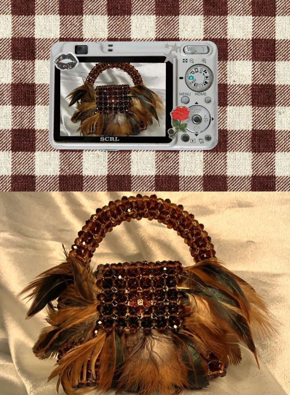 Mocha — Amber crystal with feather trim